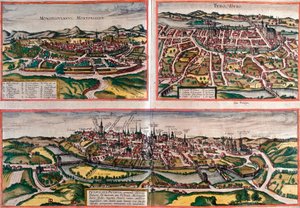 Ansichten von Montpellier (Monspessulanus), Tours (Turo) und Poitiers (Pictavis), Frankreich (Radierung)