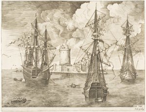 Viermaster und zwei Dreimaster vor einer befestigten Insel mit Leuchtturm, aus Die Segelschiffe