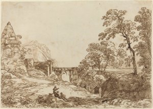 Landschaft mit einer Pyramide und klassischen Ruinen