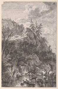Weibliche Figur auf einem Pferd und eine männliche Figur mit einem Hund in einer Straße, ca. 1700-25 von Franz Joachim Beich