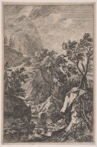 Tafel 6: zwei männliche Figuren stehen auf einem Felsen rechts, ein Wasserfall in der Mitte, ca. 1700-25 von Franz Joachim Beich