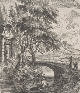 Tafel 7: zwei Figuren rechts, die im Begriff sind, eine Steinbrücke zu überqueren, ein Fischer im Vordergrund von Franz Joachim Beich