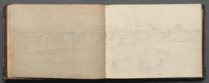Album mit Ansichten von Rom und Umgebung, Landschaftsstudien, Seite 08b und 09a: Panoramaansicht von Rom von Franz Johann Heinrich Nadorp