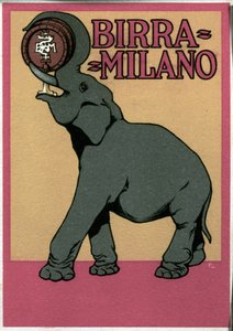 Werbeplakat für Milano-Bier, illustriert von Franz Laskoff (1869-1921), das einen Elefanten darstellt, der mit seinem Rüssel direkt aus dem Fass trinkt. 20. Jahrhundert von Franz Laskoff