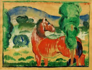 Rotes Pferd in farbiger Landschaft