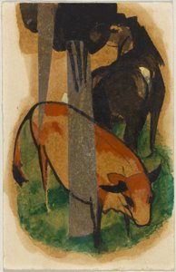Rotes Pferd und gelbes Rind (Schwarz-braunes Pferd und gelbes Rind), Postkarte aus Sindelsdorf an Alfred Kubin in Wernstein/Zwickledt von Franz Marc