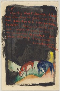 "Zinnobergruß", Franz Marc aus Sindelsdorf an Wassily Kandinsky in München: Postkarte, Poststempel 19.04.1913 von Franz Marc