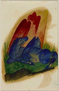 Zwei blaue Pferde vor rotem Felsen, Postkarte aus Sindelsdorf an Wassily Kandinsky in München von Franz Marc