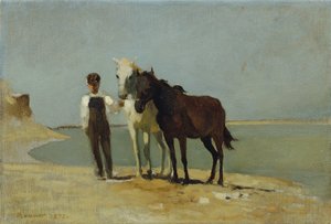 Ein Junge mit Pferden am Strand von Franz Rumpler