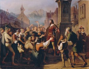 Der als Minnesänger verkleidete Herzog Friedrich IV. gibt sich auf der Flucht aus Konstanz seinen treuen Tirolern zu erkennen