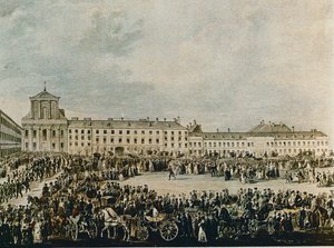 Ludwig van Beethovens Trauerzug 1827 vom Schwarzspanierhaus zur Dreifaltigkeitskirche in der Alsergasse, Wien von Franz Stober