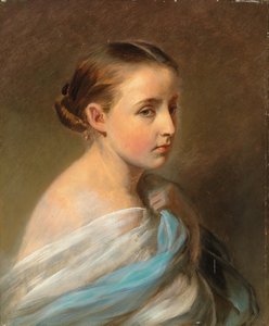 Porträt eines Mädchens, Kopf und Schultern, in ein blau-weißes Tuch gehüllt, ca. 1850