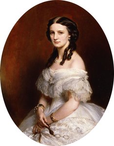 Porträt einer Dame, Halbfigur, in einem weißen Kleid und mit einer Brille von Franz Xaver Winterhalter