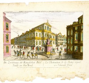 Die Zerstörung der Königlichen Bildsäule zu Neu York, ca. 1776 von Franz Xavier Habermann