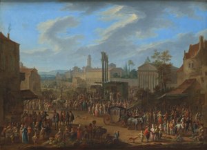 Jahrmarkt mit Tempel und Maibaum