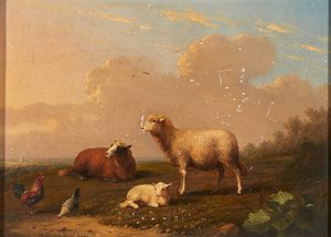 Schafe und Hühner auf einer Wiese von Franz van Severdonck