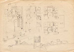 Entwurfsskizzen zu Matschs Ateliervilla - Grundrisse und Dachkonstruktion