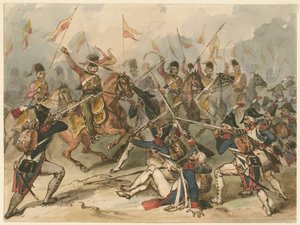 Französische Infanterie und russische Husaren im Kampf bei Austerlitz
