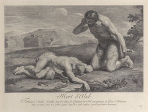 Adam kniet in Trauer neben dem Körper Abels, während Kain im Hintergrund flieht, ca. 1729 von Frédéric Horthemels