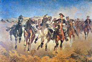 Abgesessen: die 4. Truppen in Bewegung, ursprünglich gemalt 1890 von Frederic (after) Remington