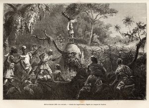 Abd es Samate, Freund und Leutnant von Mounza, König der Mombuttous, fordert seine Feinde, die Zandes (oder Niam Niam), die ihnen den Krieg erklärt haben, heraus, Gravur nach der Zeichnung von Laguillermie, zur Illustration einer Reise ins Herz Afrikas 186
