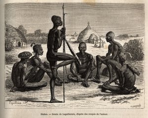 Dinkas aus dem Dorf Koudj (Senegal), deren Körper mit Asche bedeckt ist, um sie vor Insekten und Parasiten zu schützen, was auch eine kosmetische und soziale Funktion hat, Gravur nach Laguillermies Zeichnung, zur Illustration der Reise ins Herz Afrikas 186 von Frederic Auguste Laguillermie