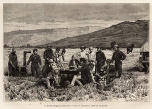 Die geologische Mission der Vereinigten Staaten ist jung in der Ebene, geätzt nach der Zeichnung von Laguillermie, zur Illustration einer Reihe von geografischen Missionen durch den United States National Park, von 1870 bis 1872, von Herren Hayden, Doane u von Frederic Auguste Laguillermie