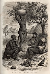 Typen und Aktivitäten der Frauen Bongos (Zentral-Sudan), mit ihrem Metallschmuck, Glocken und Klammern, die sie an ihren Ohren und Lippen tragen, Gravur nach der Zeichnung von Laguillermie, zur Illustration der Reise ins Herz Afrikas 1868-1871, von Dr. Geo von Frederic Auguste Laguillermie