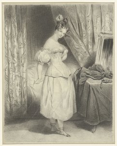 Junge Frau im Schlafzimmer, die ihr Korsett löst von Frederic Bouchot