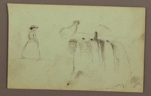 Gehendes Mädchen, hockendes Huhn und die American Falls am Niagara River