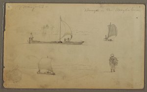 Bungoes: Skizzen von Segelbooten und Arbeitern, entlang des Rio Magdalena, Kolumbien, Mai 1853