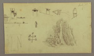 Zeichnung, Schornsteine, Wasserfälle, Figur, etc., möglicherweise Juli 1868