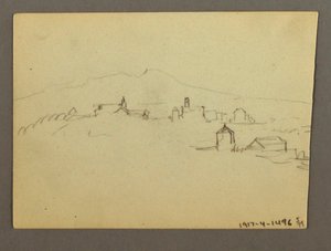 Kirchturm angrenzende Gebäude, möglicherweise 1868–69 von Frederic Edwin Church