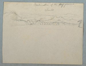 Wolkenbedeckte südamerikanische Berglandschaft neben einer Bucht, Teil 2?, 1853, wahrscheinlich Mai