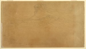 Cotapaxi Vulkan ausbrechend hinter Bergketten, Ecuador, 1857