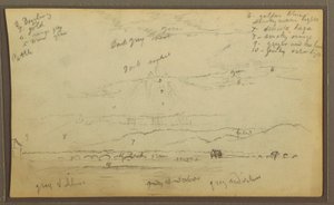 Landschaft; Rückseite: Häuser, Kanu, 1857
