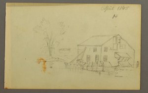Loftgebäude mit Kai neben einem Bach, 1845
