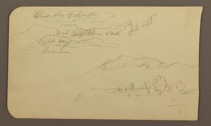 Zeichnung, Gebirgsketten, Cuautla, Kirche; Rückseite: Kauerndes Pferd, Landschaftsnotizen, Februar 1885 von Frederic Edwin Church