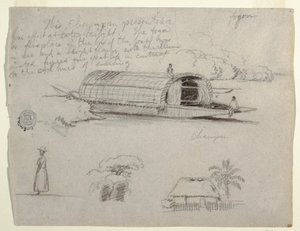Skizzen aus Kolumbien - Flussfahrzeug (Champan), eine Frau, Baumgruppe, ein Haus von Frederic Edwin Church