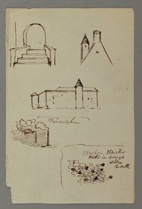 Zeichnung, Treppen, Dach mit Turm, Steinmauer, möglicherweise 1869 von Frederic Edwin Church
