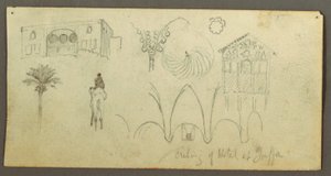 Zeichnung, Herrschaftshaus, Figur reitet, Kamel, Architekturstudien, Palme, möglicherweise 1868