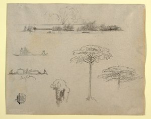 Skizzen aus Kolumbien: Flusslandschaft, Männer auf Flößen und Bäume von Frederic Edwin Church