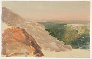 Ansicht einer Ebene mit Damaskus, Syrien, von den Bergen aus