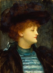 Porträt einer Frau in einem türkisfarbenen Kleid mit schwarzem Mantel und Hut von Frederic Leighton