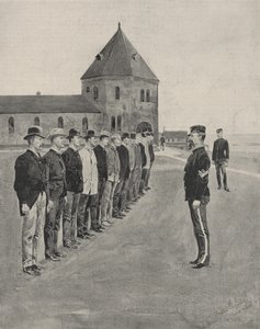 Eine erste Lektion in der Kriegskunst. Rekruten für die zwei zusätzlichen Artillerieregimenter in Fort Slocum, Davids Island, Long Island Sound