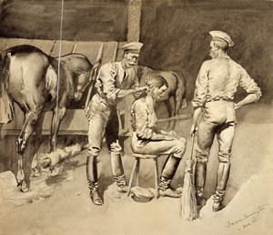 Ein Haarschnitt in einem Kavallerie-Stall, um 1893
