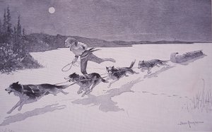 Französischer Pelzhändler in Kanada mit Huskie-Hunden auf gefrorenem See