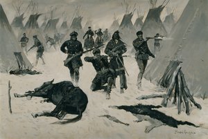 Die Niederlage von Crazy Horse (Die Niederlage von Crazy Horse durch Colonel Miles, Januar 1877, Winterangriff auf ein Indianerdorf) ca. 1901, möglicherweise ca. 1896