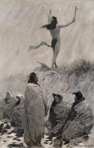 Der Feuerschlucker hob seine Arme zum Donnervogel von Frederic Remington
