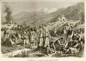 Ein Fest in Theben, das der Fastenzeit der Jungfrau, das alle Einwohner der Stadt und der Umgebung zusammenbringt, jede Familie schlachtet ein Schaf für den Anlass, im Vordergrund bereiten Männer das Tier vor dem Kochen vor. Gravur nach der Zeichnung